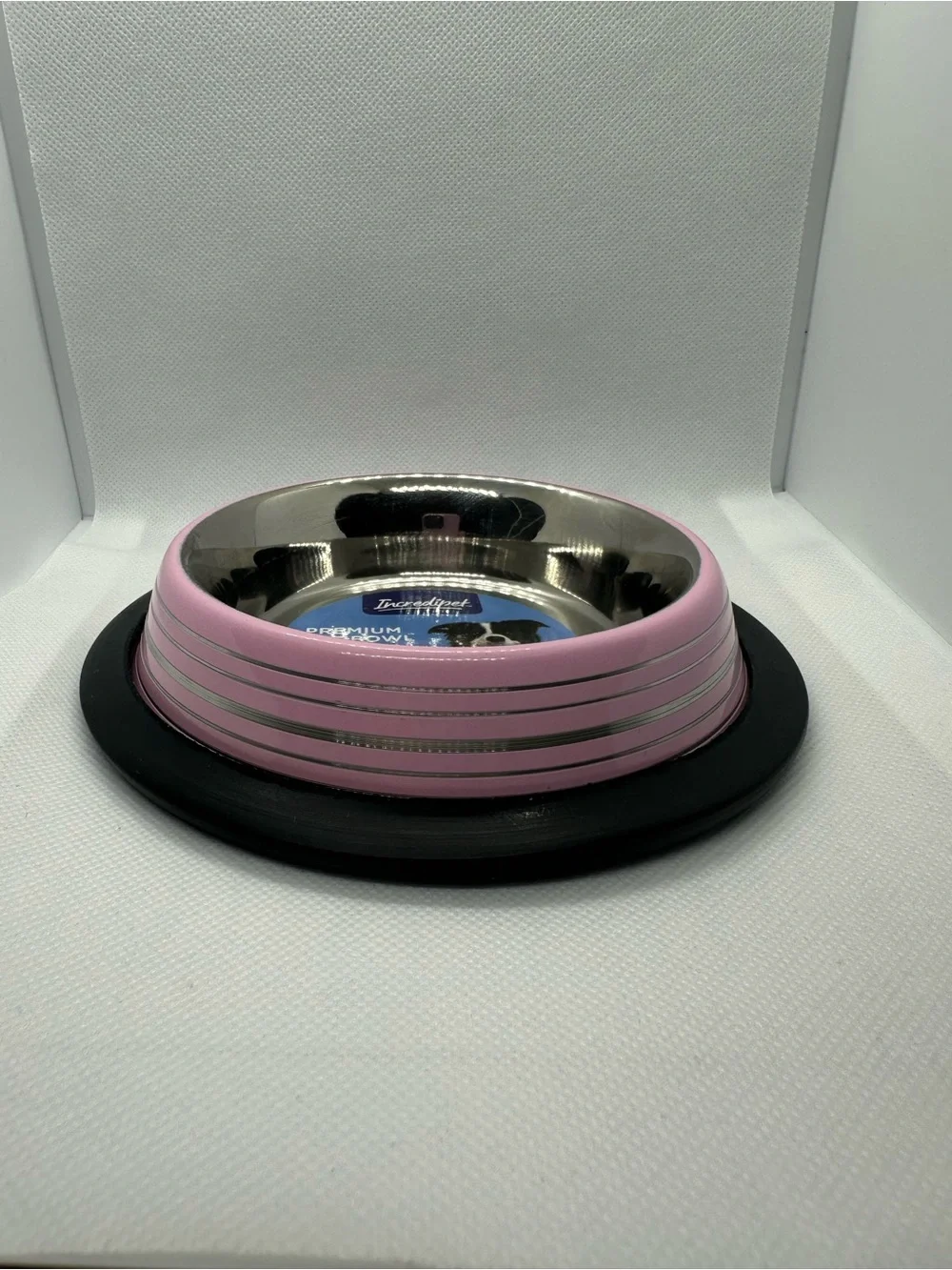 Stainless Steel Cat Bowl with Pink Exterior and Non-Slip Base
